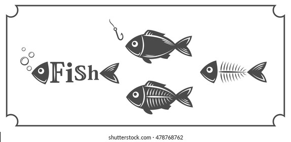 Set of abstract images of fish with design elements, icons, labels, emblems