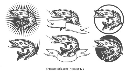 Set of abstract images of the Pike with design elements, icons, labels, logos in vintage style