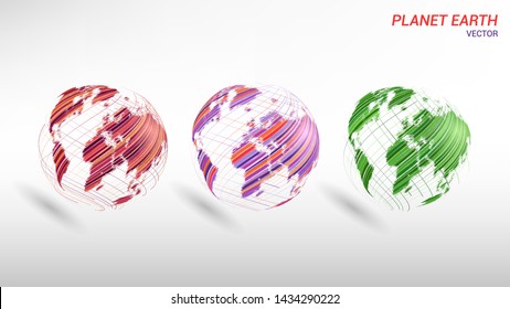 Set of abstract images of the planet Earth. World map. Future. Bright, modern, colorful spheres. Geographical maps of the world. The contours of the continents created by brush strokes. 