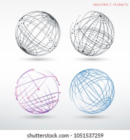 Set of abstract images of planets. Frame geometric shapes from points and lines. Templates for registration of design projects. Web technologies, communication and the Internet.