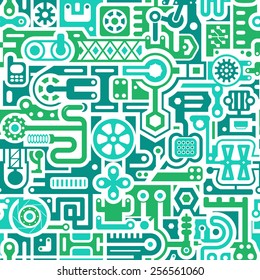 Set of Abstract Industrial Items in Blue and Turquoise Colors. Seamless Vector Background with Mixed Geometrical Shapes