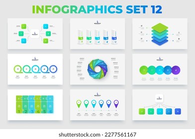 Conjunto de elementos infográficos abstractos. Gráficos de flujo, ciclo, rompecabezas y líneas cronológicas con 4, 5, 6 y 11 opciones