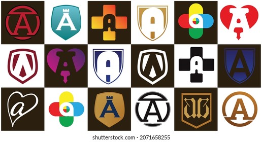 Conjunto de logotipos e iconos abstractos de la letra inicial A en mayúsculas y en algunos adornos como el escudo, más y más.