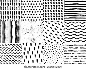 Set Of Abstract Ink Brush Pen Drawing Seamless Patterns, Vector Black And White Background, Scribble And Splashes