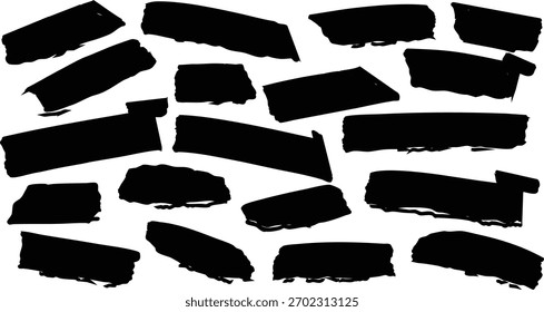 Set of abstract ink brush shapes various black expressive strokes high visibility banner elements isolated texture