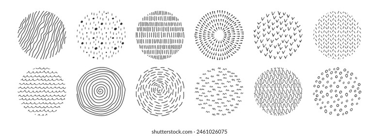 Set of abstract ink drawn circles. Doodle black and white textures of stripes, spots, dashes, scribbles. Round icons collection. Simple modern illustration for design