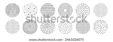 Set of abstract ink drawn circles. Doodle black and white textures of stripes, spots, dashes, scribbles. Round icons collection. Simple modern illustration for design