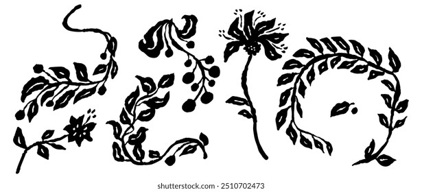 Conjunto de esboços abstratos de flores de tinta isolados no branco. Silhuetas pretas de florais desenhados à mão. Pacote de ilustrações monocromáticas botânicas