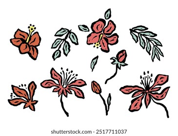 Set of abstract inky jungle flowers sketches isolated on white. Hand drawn doodle florals. Botanical illustrations bundle