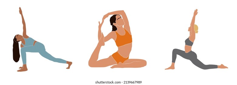 Set of abstract international girl practicing yoga in pastel colors. Woman practicing balance asanas. Contemporary art. Weight Loss. Health lifestyle. Calmness and relax. Hand drawn flat illustration