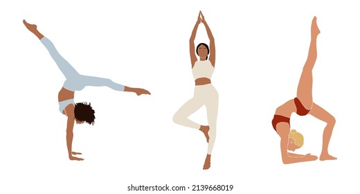 Set of abstract international girl practicing yoga in pastel colors. Woman practicing balance asanas. Contemporary art. Weight Loss. Health lifestyle. Calmness and relax. Hand drawn flat illustration