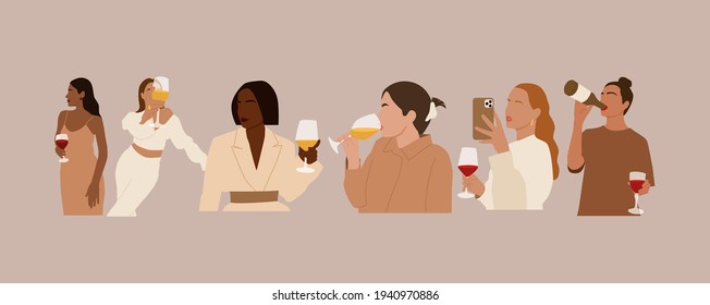 Conjunto de mujeres internacionales abstractas con vino. Colección de amantes minimalistas de la vid. Ilustración vectorial de moda