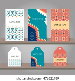 Set of abstract invitation and tags templates. Background for printed media design, business card, invitation, greeting card, postcard. Ethnic boho design. Vector illustration.