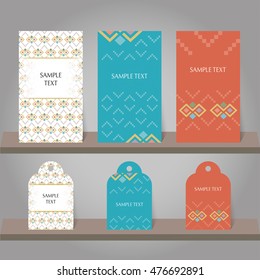 Set of abstract invitation and tags templates. Background for printed media design, business card, invitation, greeting card, postcard. Ethnic boho design. Vector illustration.