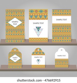 Set of abstract invitation and tags templates. Background for printed media design, business card, invitation, greeting card, postcard. Ethnic boho design. Vector illustration.