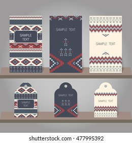 Set of abstract invitation and tags templates. Background for printed media design, business card, invitation, greeting card, postcard. Ethnic boho design. Vector illustration.