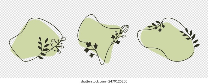 Set abstract irregular liquid organic shapes olive green color hand drawing plants doodle style. Continuous line wavy  shape. Text bubbles. Vector illustration isolated on transparent background