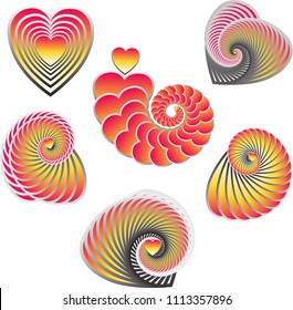 Set of abstract isolated elements. Spiral and Heart. Vector.