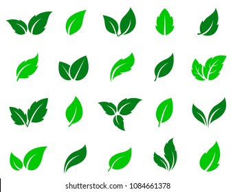 set of abstract isolated green leaves icons on white background