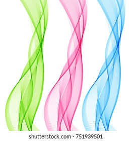 Set of Abstract Isolated Green, Pink, Blue Wave Lines for White Background. Design Elements Vertical Smooth Lines for Business Presentation, Publications, Blank, Template, Cover.
