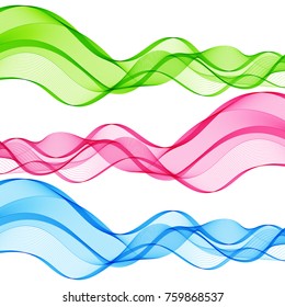 Set of Abstract Isolated Green, Pink, Blue Wave Lines for White Background. Design Elements Horisontal Smooth Lines for Business Presentation, Publications, Blank, Template, Cover.