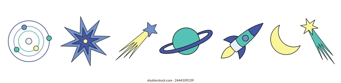 Set of abstract isolated objects: planet, rocket, stars, shooting stars, comets, solar system, Saturn, moon. Children's book doodle style illustration. Vector flat cartoon design 