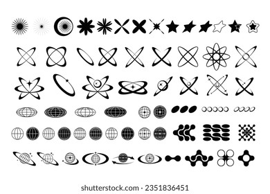Set of abstract isolated retro futuristic geometric elements in y2k style. Collection with symbols and shapes for template, poster, web, landing page, stickers