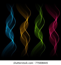 Set of Abstract Isolated Transparent Wave Lines for Dark Background. Smooth Wavy Vertical Blue, Green, Pink, Yellow Curved Lines.