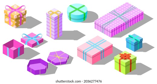 Set Abstrakte, ironische 3D-Kollektion Geschenkbox mit dem Logo des Band Bow-Logos Vektorsymbol Symboldesign Style for New Year, Birthday, Weihnachtsfeier