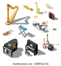 Set Abstract Isometric Collection 3D Music Instruments Play Elements Vector Design Style For Concert, Performance, Relax