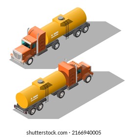 Set Abstract Isometric Collection 3D Gasoline Tanker Car Transport Working Technique Vehicle Vector Design Style