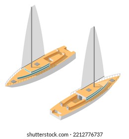 Set Abstract Isometric Collection 3D Ship Boat Water Transportation Trucking Technique Vehicle Vector Design Style