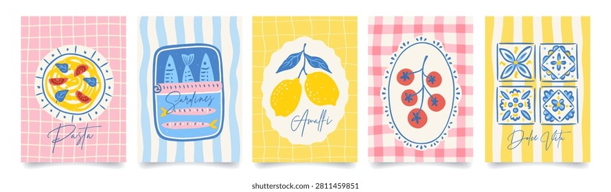 Set of abstract italian posters. Amalfi. Summer mediterranean print with hand drawn lemon, tomato, italian blue  tile, sardines, pasta. Vacation in Italy. Vector illustration for card, menu, cover.