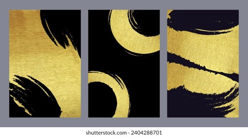 Set of abstract Japan Background with gold brush texture on black background. Luxury cover design collection for new year banner, invitation, makeup catalog, brochure template, flyer, congratulation

