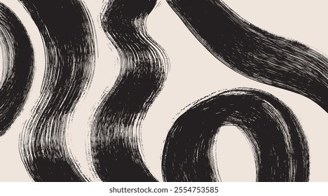 Set of abstract Japanese brush stroke painting. Wavy and curved lines with dry brush and paint. Black dry paint brush stroke texture on white background, simple black ink Japanese, brush stroke.