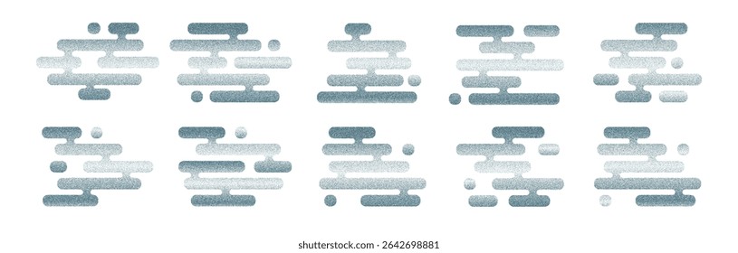 Set of abstract Japanese clouds in stippled style. Modern halftone dot texture, minimalist shapes inspired by Asian art and traditional patterns. Ideal for contemporary design, backgrounds, and decora