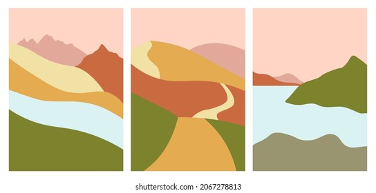 Set of abstract japanese landscapes. Flat wavy boho aesthetic posters with curvy shapes of hills, mountains, sea. Trendy mid century flat collage minimal design.