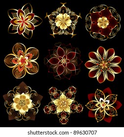 set of abstract, jewelry, gold, stylized flowers on a black background.