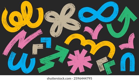 Set Of Abstract Kid Shapes In Doodle Grunge Style. Hand Drawn Squiggles, Dots And Wavy Bold Lines, Circles, Asterisk, Infinity Sign. Vector Template With Colored Geometric Trend Dry Brush Elements.