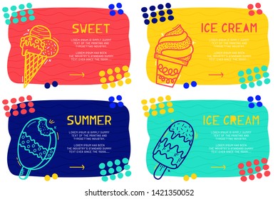 Set Abstract landing page pattern with different element, text block and doodle ice cream icon. Vector fun background.