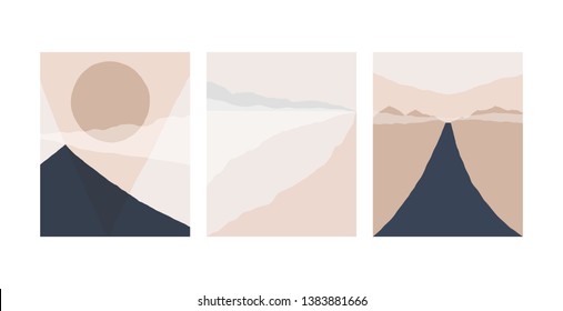 Set of abstract landscape background. Silhouette of mountain sky and sun geometric composition. Poster of landscape in beige. taupe and navy trendy colors. Vector illustration.