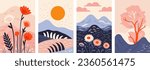 Set of abstract landscape banner collection. Trendy flat art style backgrounds, mountain travel scenery. Nature environment poster, sunset view design.