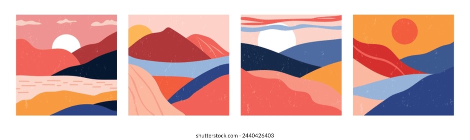 Set of abstract landscape banners. Trendy flat backgrounds mountain landscapes. Poster about nature, sunset. Vector.