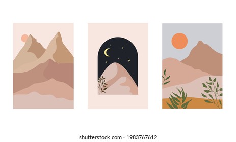 Set abstract landscape. Desert. Boho style. Minimalistic landscape. Trendy print of nature, for pose, for decoration, background, for packaging, for web design.