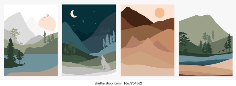 Conjunto de paisajes abstractos. Animales forestales, colinas de madera de coníferas con silueta de silueta desértica, silueta de lago, río, silueta de desierto. Ilustración vectorial editable. 