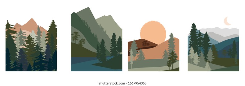 Set of abstract landscape. Forest animals, hills of coniferous wood with mountains range, lake, river, desert silhouette template. Editable vector illustration. 