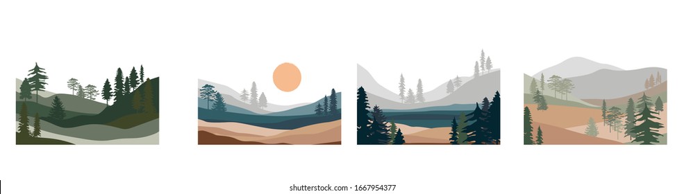 Set of abstract landscape. Forest animals, hills of coniferous wood with mountains range, lake, river, desert silhouette template. Editable vector illustration. 