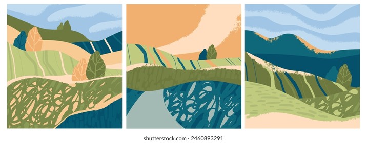 Set of abstract landscape illustrations, flat graphic style, with pastel colors, depicting the concept of nature, nature, ecology. Vector illustration