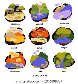Set abstract landscape, lake, mountain template sign for nature ecosystem. Round shape with various color. Concept image outdoor environment.  