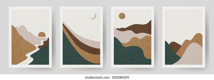 Set Abstract Landscape of Mountains with the  and Moon in a Minimal Trendy Style. Vector Background in Terracotta Colors for covers, Posters, Postcards, social media Stories. Boho Art Prints.